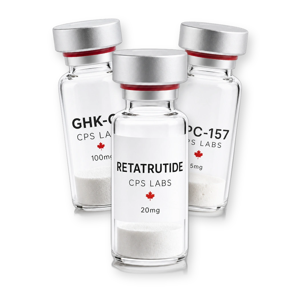 Retatrutide vial in front, with GHK-Cu and BPC-157 vials behind