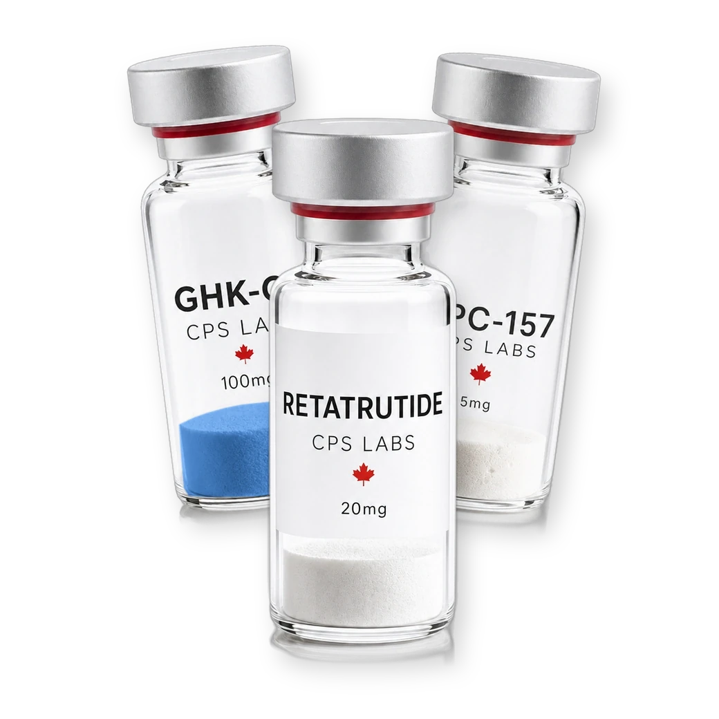 Retatrutide vial in front, with GHK-Cu and BPC-157 vials behind